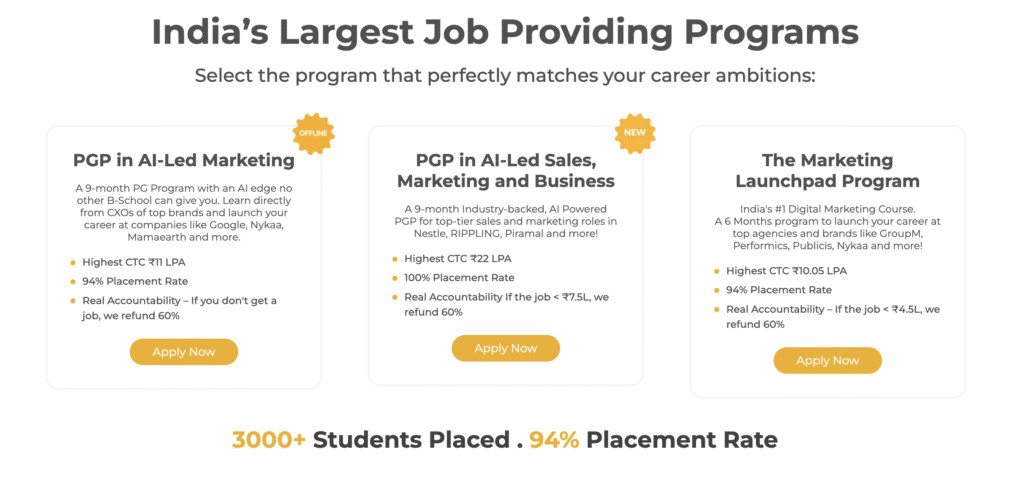Kraftshala placement guarantee programs showing AI-led Marketing, Sales, and Marketing Launchpad courses with 94% placement rate.